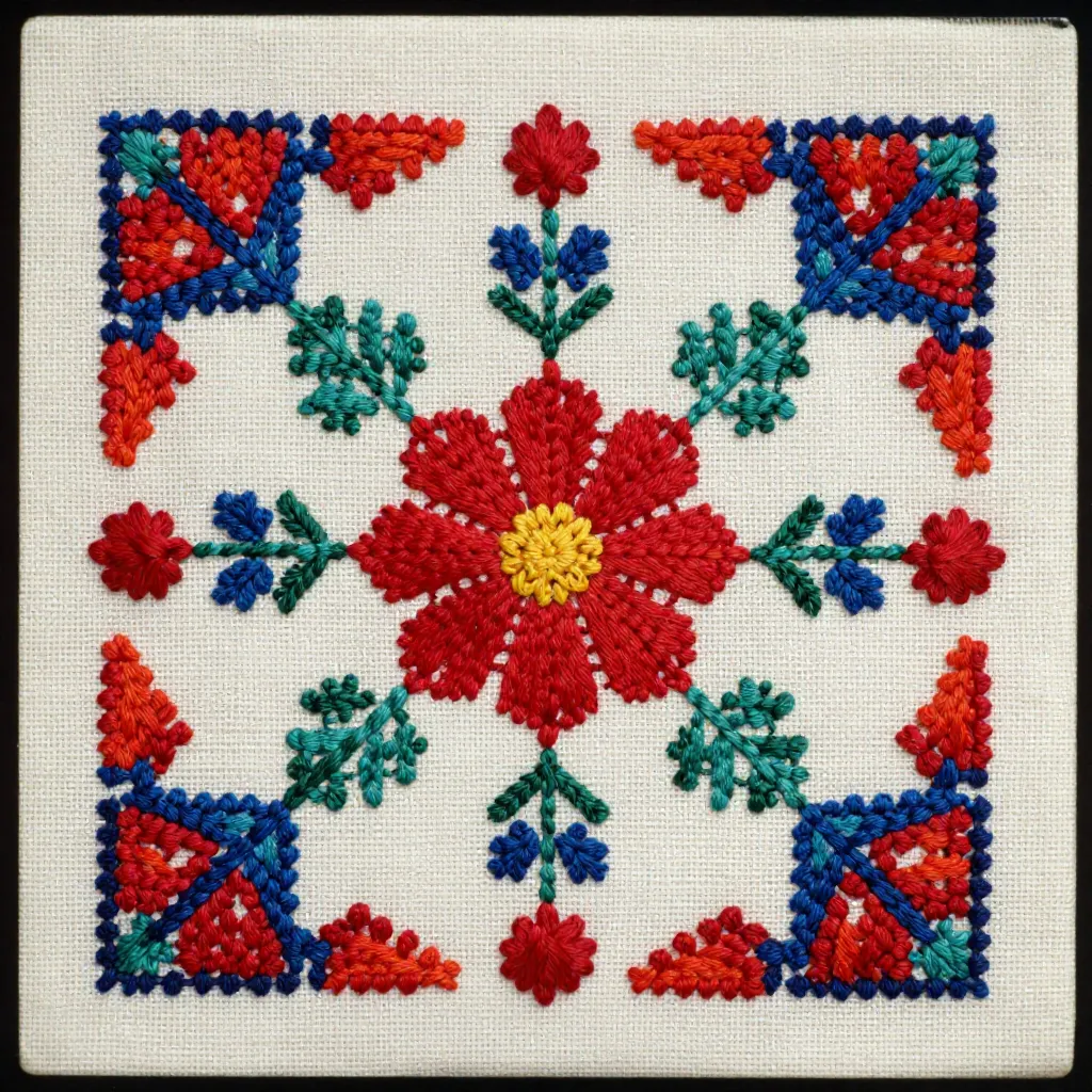 Blackwork embroidery featuring geometric patterns and counted thread techniques